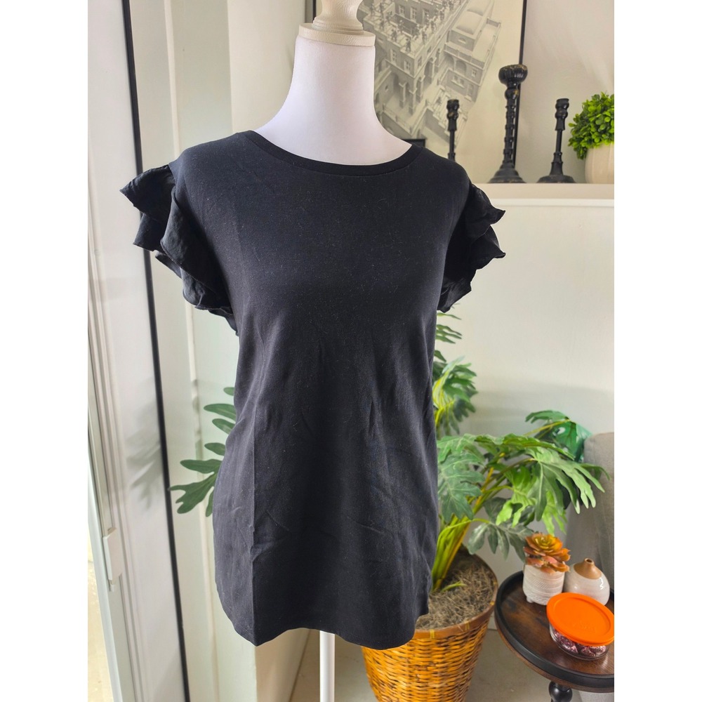 Vince Camuto Womens Black Ruffle Cap Sleeve Knit Top Crew Neck‎ Plus Size 1X